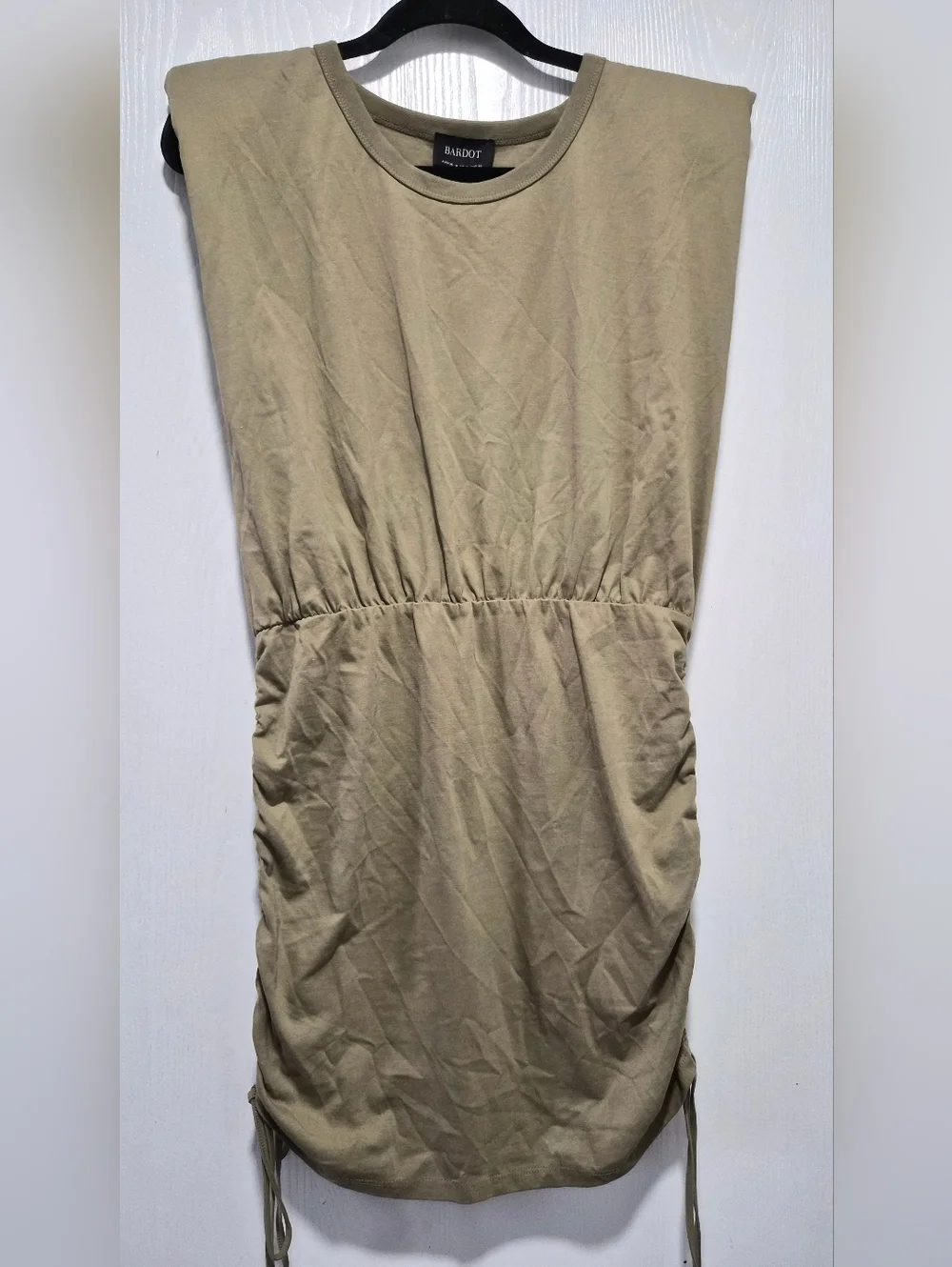 Nwt Bardot Toni Olive Green Shoulder Pad Mini Dress Ruched Sides Size M - Picture 2 of 8